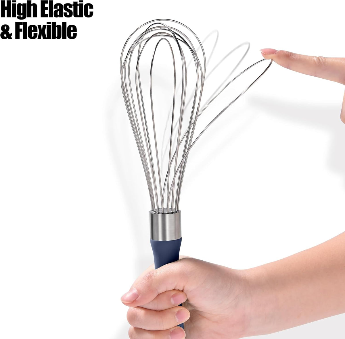 18/8 Stainless Steel Balloon Whisk, Doosu Kitchen Whisk for Cooking Handheld Egg Beater with Rust-Proof Sturdy Wires & Non-Slip Silicone Handle for Beating, Stirring, Blending (8 Wires, Navy Blue)