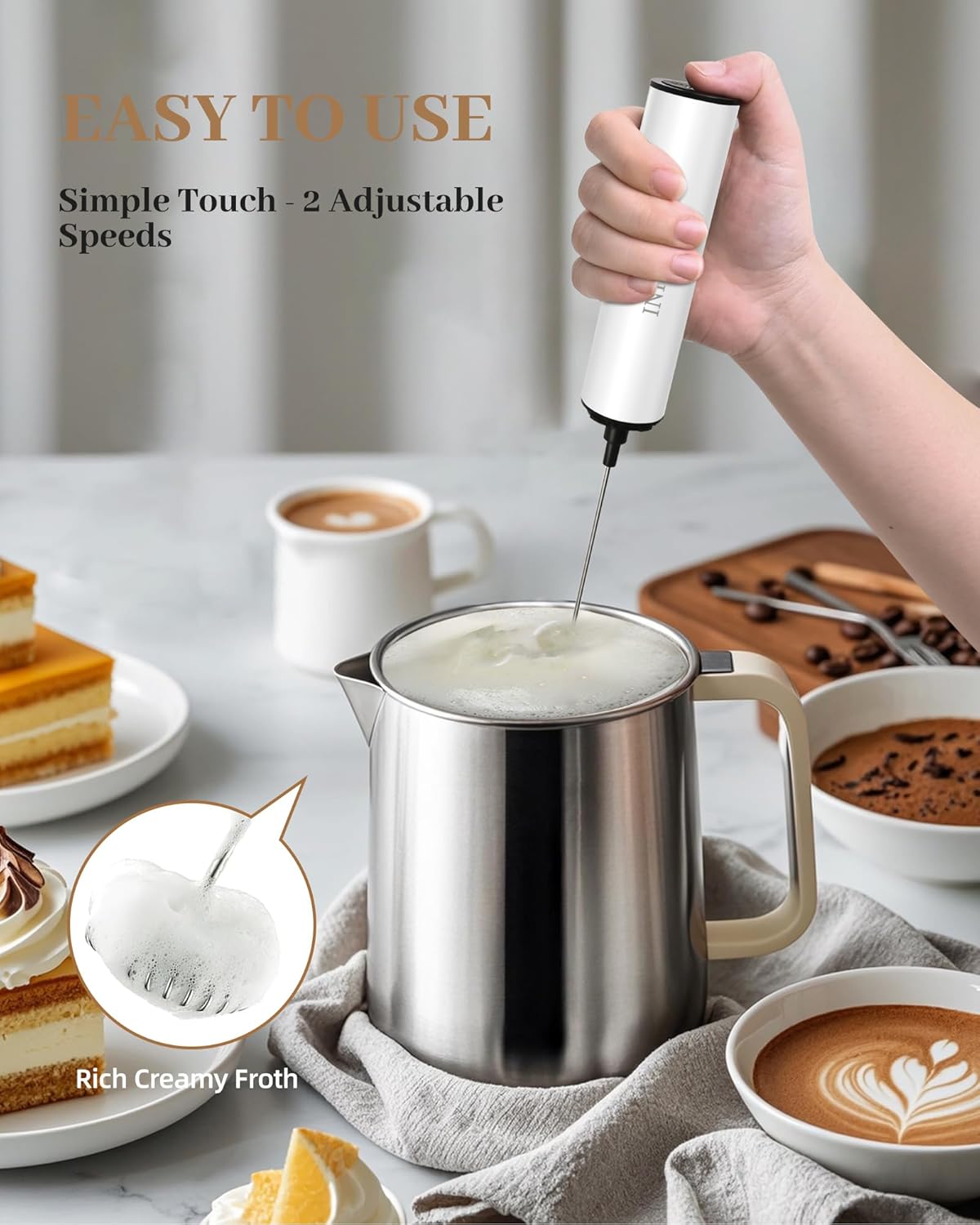 Milk Frother Rechargeable with Cover - Coffee Frother Wand, Drink Mixer Handheld with 2 Detachable Stainless Whisks 2 Speed Adjustable for Latte, Cappuccino, Hot Chocolate, Egg, White
