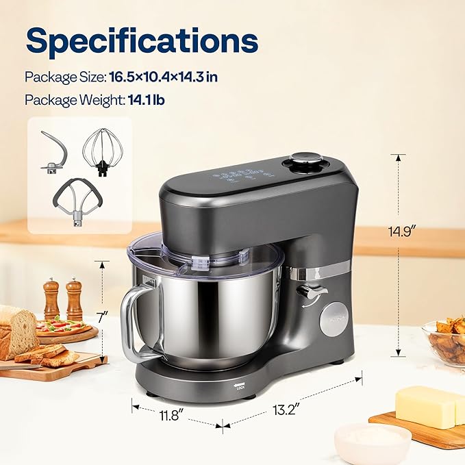 VIVOHOME Stand Mixer with Fermentation, One-Touch Presets Electric Dough Mixer with 6 Qt Bowl, Kitchen Standing Mixer for Baking, Cake with Flex Edge Beater, Bread Hook, Whisk, Gray