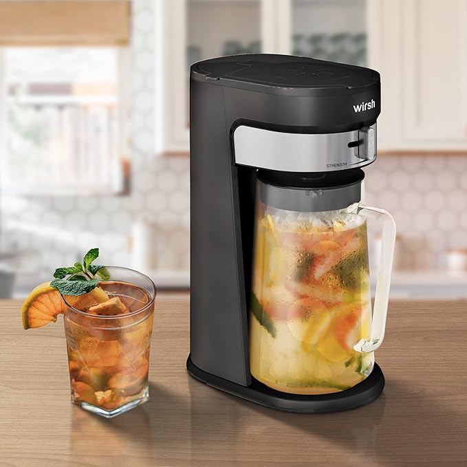 wirsh Iced Tea Maker with 3QT Pitcher, Iced Coffee Maker with Strength Control and Reusable Filter, Perfect For Iced Coffee, Latte, Tea, Lemonade, Flavored Water, Black