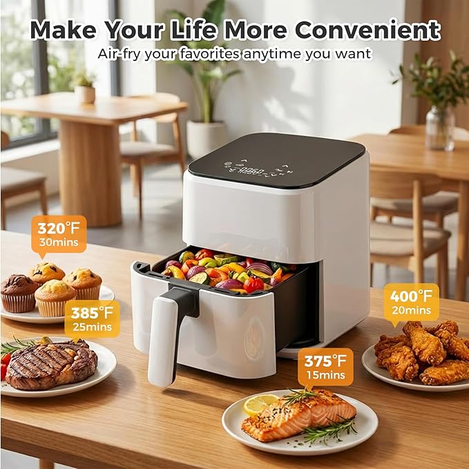 OLIXIS 3QT Air Fryer, Small Air Fryer with Digital PP Touch Panel, 400℉ Max Temp, Overheat Protection and Auto Shut-off, Nonstick and Dishwasher Safe Basket for Roast, Bake, Broil, Reheat, White