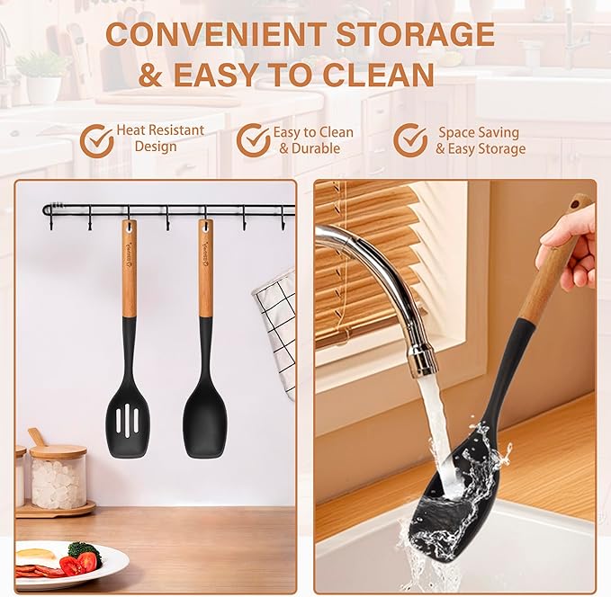 Large Silicone Cooking Spoon Set, 2 Pack Solid Slotted Spoon with Wooden Handle, Nonstick Silicone Kitchen Spoons for Cooking, Heat Resistan Spatula Set for Serving, Basting, Mixing (Black)