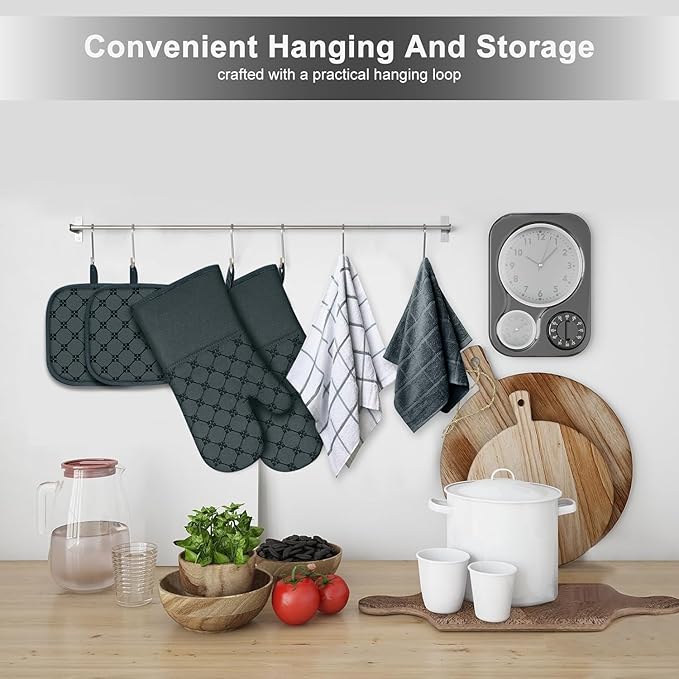 Oven Mitts Kitchen Towels Dishcloths with Pot Holders Sets 12PCS,Dish Towels Sets,Oven Gloves Pot Pads Heat Resistant 500 Degrees with Non-Slip Silicone Surface for Cooking Baking Grilling-Deep Green