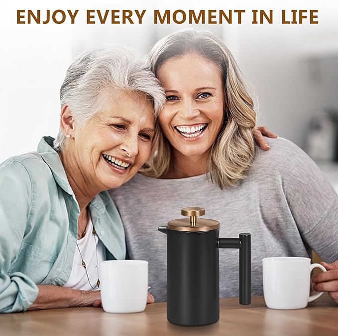 Black Mini French Press Coffee Maker 12oz, Single Cup French Press with Rose Gold Lid, 3 Extra Filters & 1 Gold Spoon(350ml Compact Travel Size) Dishwasher Safe