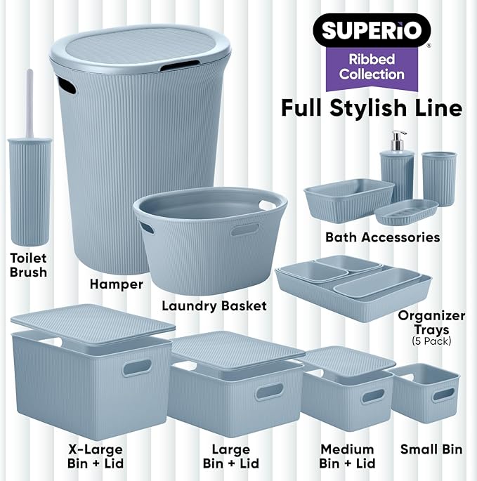 Superio Ribbed Collection - Decorative Plastic Toilet Bowl Brush and Holder Set, Blue (1 Pack) Cleaner Scrubber for Bathroom