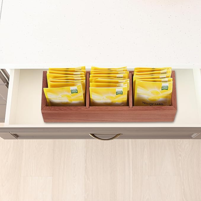 uxcell Tea Bag Organizer, 3 Compartments Pine Wood Tea Box with Handle, Tea Storage Organizer Holder for Tea Bags, Beverage Supplies Sugar Packet, Black