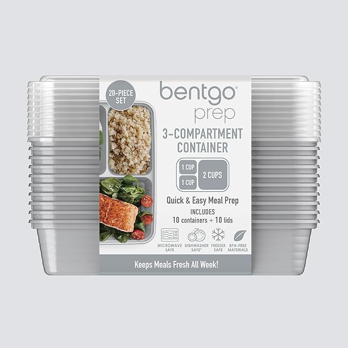 Bentgo Prep - 20-Piece 3-Compartment Reusable Meal Prep Containers with Lids, PFAS & BPA Free Materials, Durable, Microwave, Freezer, & Dishwasher Safe To Go Food Storage (Silver)