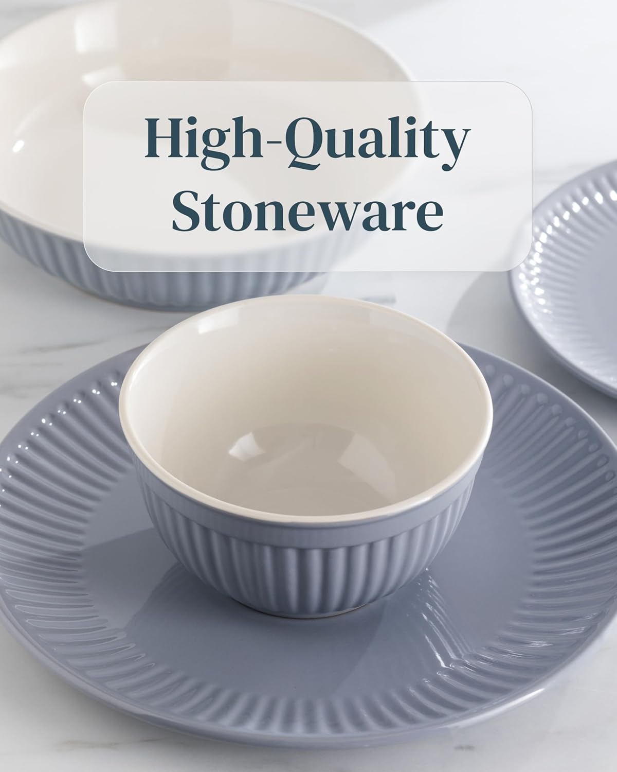 Stoneware Dinnerware Set for 4 People HYGGE 12-Piece - Elegant Scandi Design - Premium Dish Set - Bowl and Plate Set - Tableware for 4 People in a Ribbed Design - Pure Living in Gray-Blue