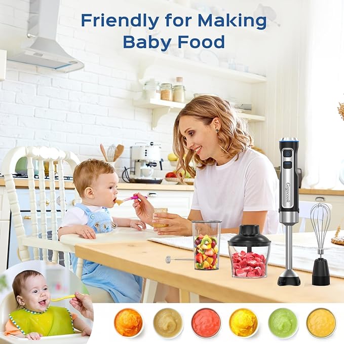 Immersion Blender Handheld 8 in 1 Hand Blender, Electric Blender Max 1000W Immersion Blender with 21 Speed & Turbo Mode, 21 Speed & Turbo Mode, Beaker Chopper Milk Frother Frother Grinder