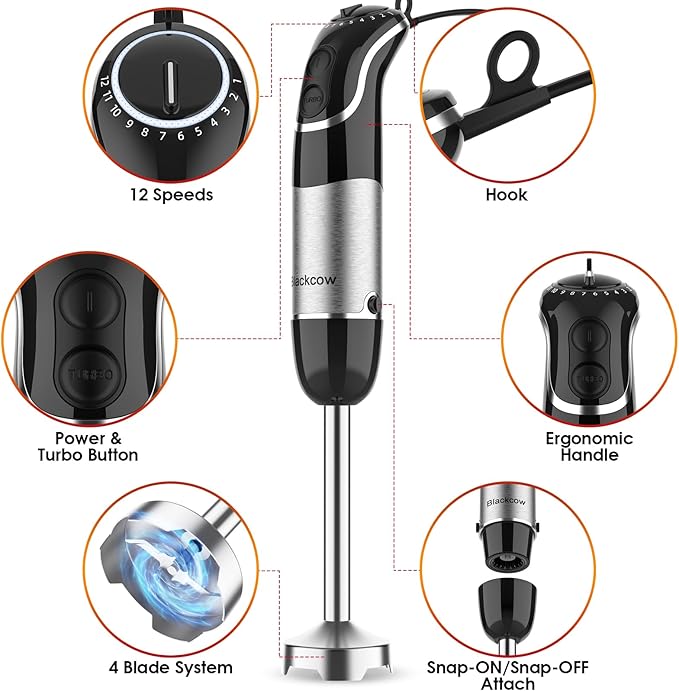 Immersion Blender Handheld for Kitchen,Emulsion Blender Handheld,12 Speed Electric Hand Mixer with BPA Free Attachments:Chopper Bowl,Whisk,Milk Frother,Measuring Cup