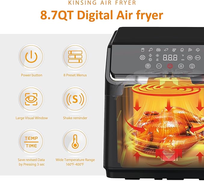 Air Fryer with Window Visible 8-in-1,8.7-Qt Large space,85% Less Oil,Roast, Bake, Dry, Reheat, Frozen, Broil,160-400℉ Even Results With Precise Temperature Control,Dishwasher-Safe