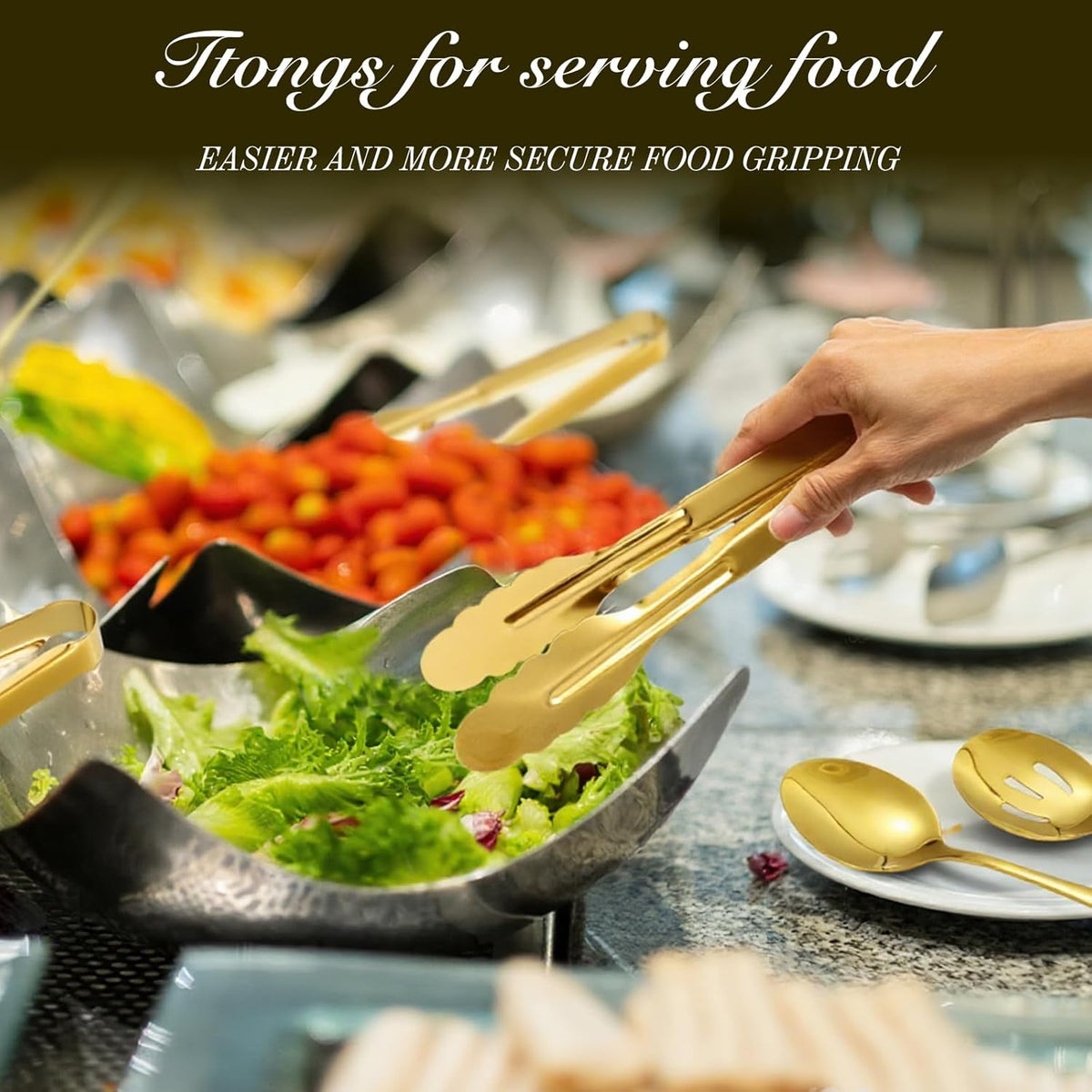 Gold 17 Pieces Serving Utensils Include Large Serving Spoons,Slotted Serving Spoons,Serving Forks,Serving Tongs,Appetizers Tongs,Soup Ladle and Pie Cake Server for Buffet Catering (Gold, 17 Pcs)