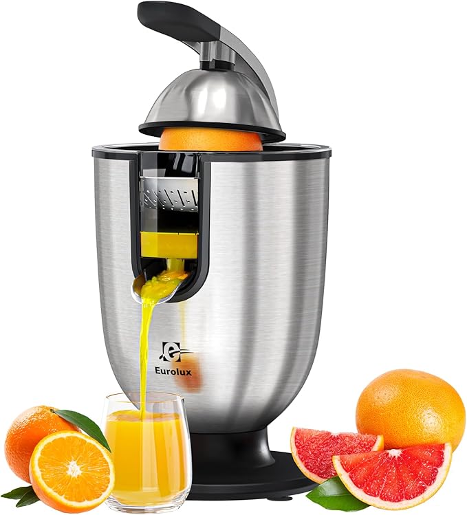 Eurolux Premium Electric Orange Juicer | Stainless Steel Citrus Squeezer With New Ultra-Powerful Motor and Soft Grip Handle for Effortless Juicing, Auto Shutoff, Dishwasher-safe Parts, Pulp Control