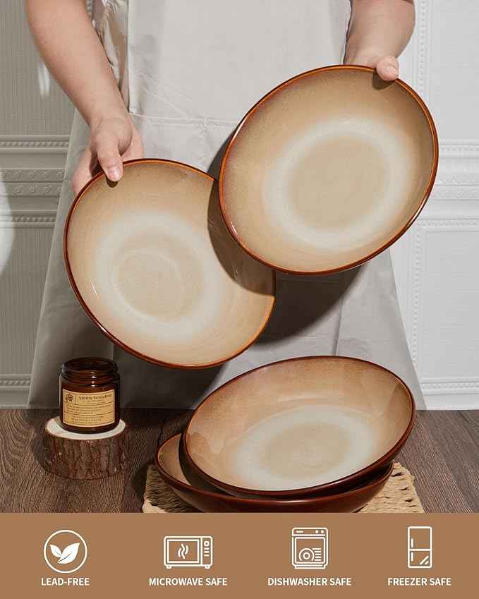 16 Piece Double Bowl Plates and Bowls Sets, Ceramic Dinnerware Sets with Pasta Bowls, Dishwasher & Microwave Safe Dish Set, Scratch Resistant Stoneware Plate Set, Service for 4 Brown Yellow