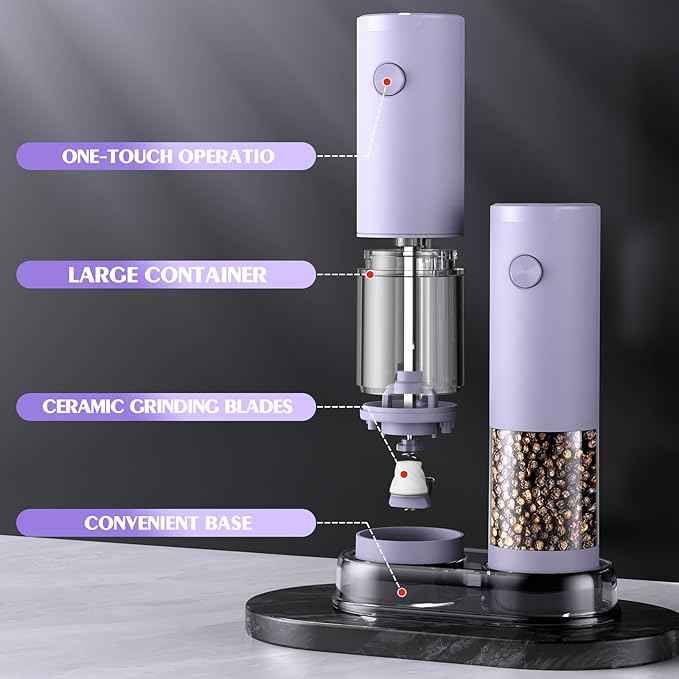 1 Pack Salt and Pepper Grinder- Gifts for Women Automatic Battery Purple Pepper Mill Shakers Kitchen Accessories Cooking for Mom, Adjustable Coarseness Salt Pepper Shakers