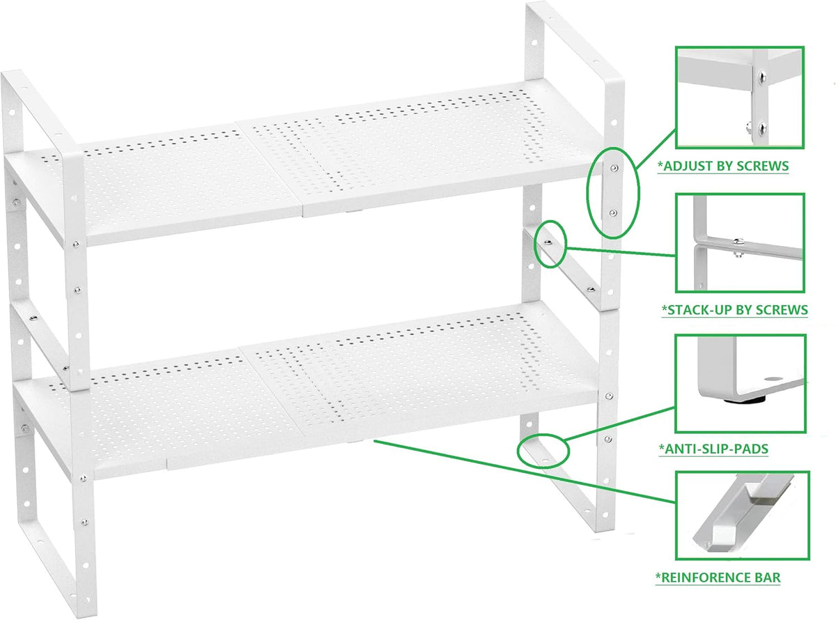 Expandable Shoe Rack Stackable Metal Pantry Storage Shelves Stand Adjustable Height Cabinet Shelf Organizer Racks Spice Shelving(1PACKS/WHITE,LARGE)
