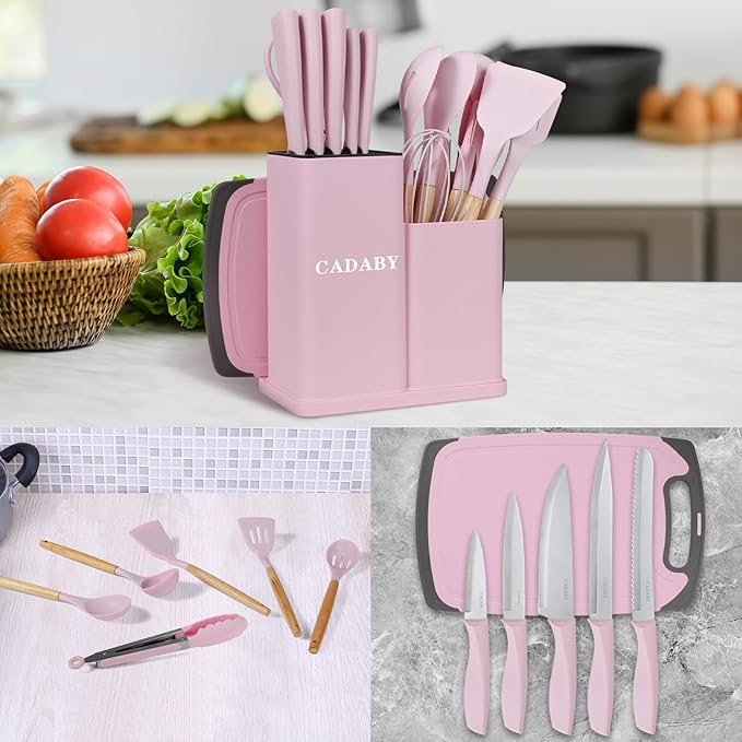 19 PCS Kitchen Cooking Utensils Set, 11 Pieces Silicone Cooking Utensils Set 6 Pieces Sharp Stainless Steel Pink Knife Set with 1 Piece Cutting Board, Ideal for Apartment