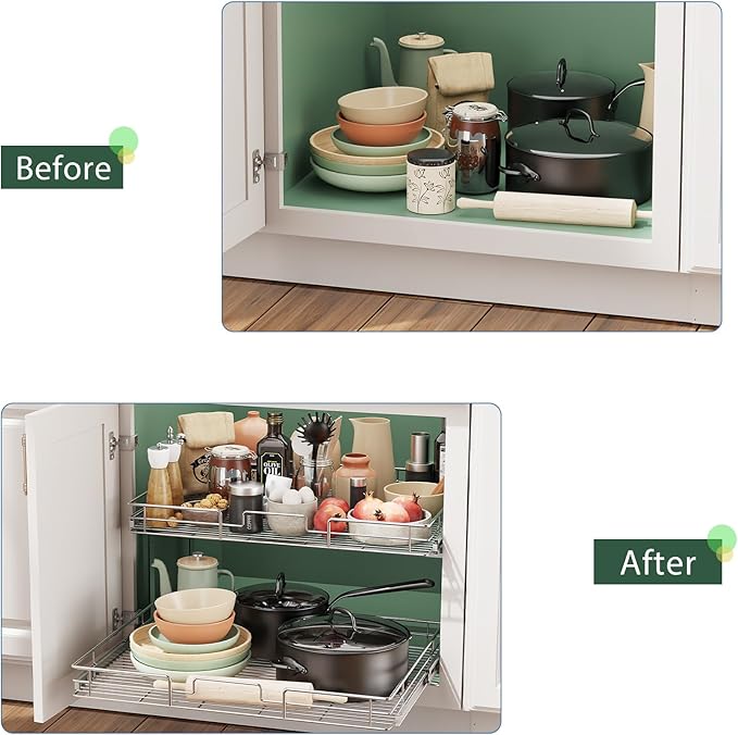 LOVMOR 2 Tier Individual Pull Out Cabinet Organizer 25½" W x 21½" D, Slide Out Kitchen Cabinet Storage Sliding Shelves