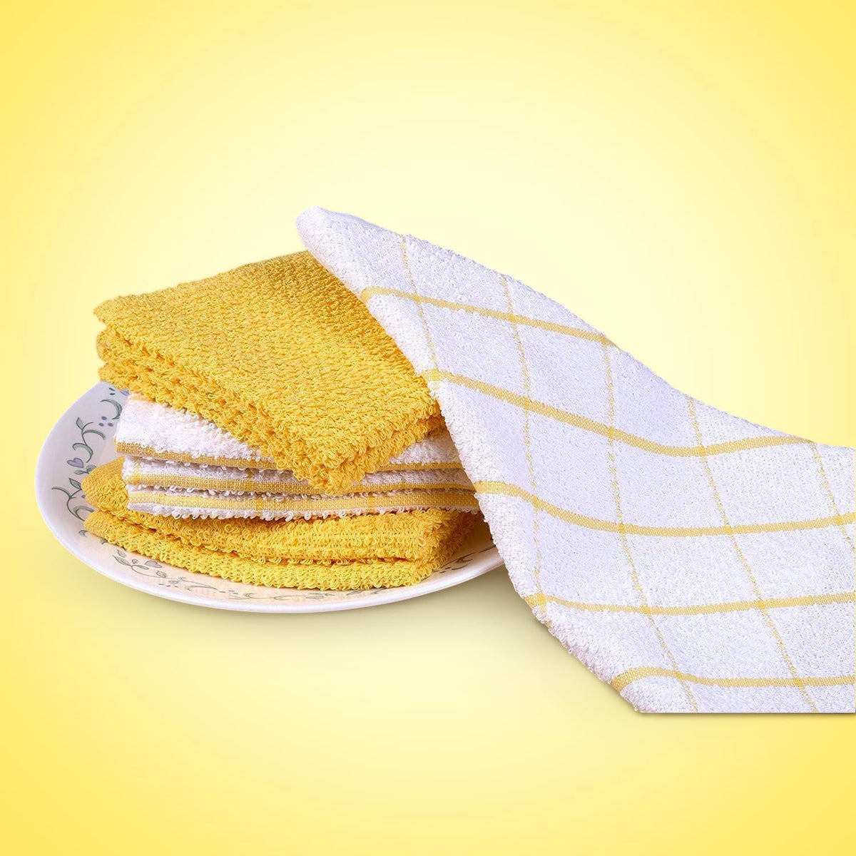 AMOUR INFINI Cotton Kitchen Dish Cloths Set of 8 – Highly Absorbent, Super Soft Premium Terry Cleaning Cloth (12"x12" Inch) Premium Dishcloths for Washing Dishes (Yellow)