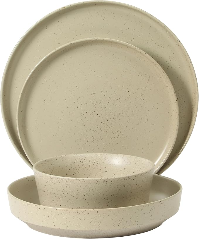 Gibson Elite Overbrook 16-Piece Pottery Clay Stoneware Dinnerware Set – White Reactive Glaze, Stackable Plates and Bowls w/Pasta Bowl, Service for 4 – Microwave & Dishwasher Safe