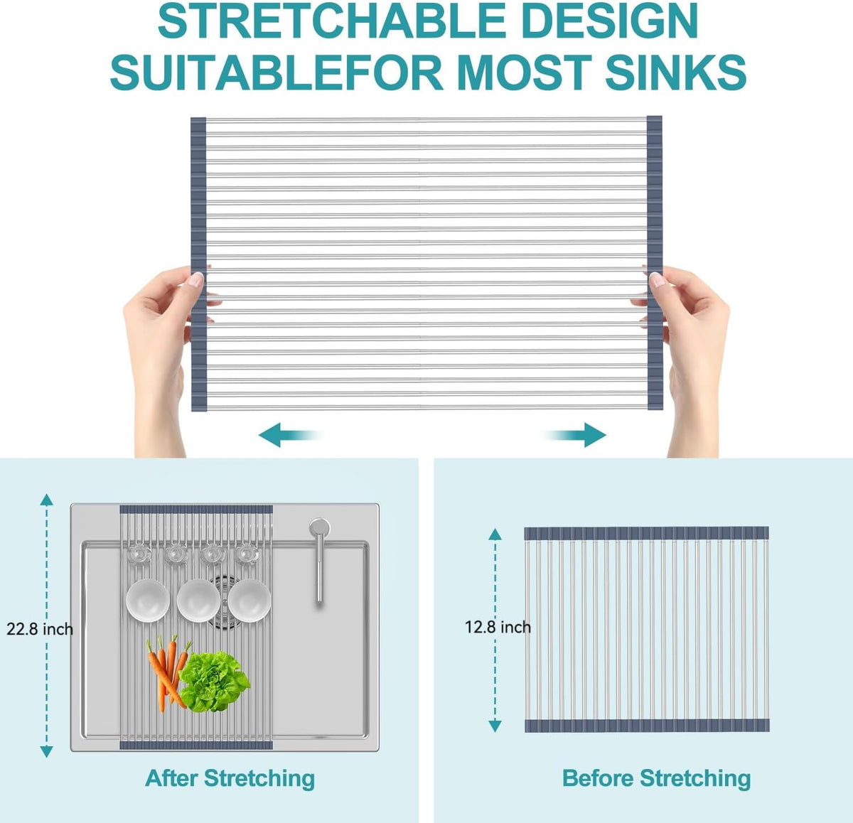 BBXTYLY Extra Large Expandable Roll Up Dish Drying Rack,Over The Sink Drying Rack Sink Cover Kitchen Sink Accessories Kitchen Rolling up Stainless Steel Drainer, Foldable,Rollable(Grey,22.8''-17'')
