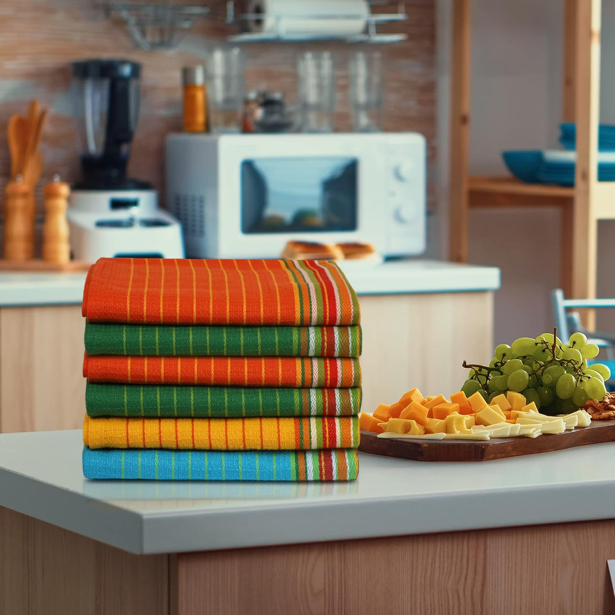 Urban Villa Salsa Stripe Kitchen Towels 100% Cotton Dish Towels for Kitchen Multi Color Highly Absorbent Multi-Purpose Waffle Dish Cloths for Cleaning Soft Hand Bar Towels 20x30 Inches (Set of 12)