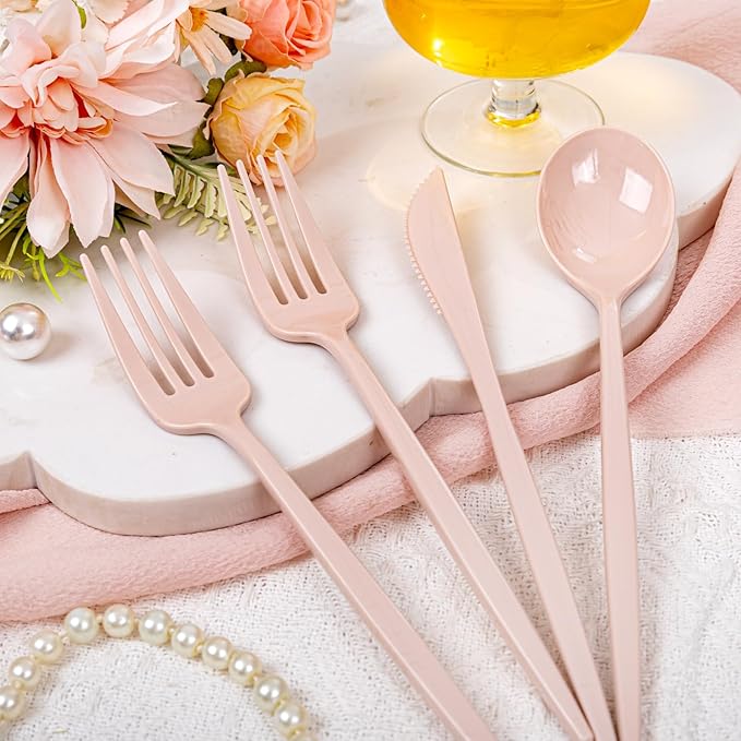 PULOTE 150PCS Pink Plastic Silverware - Plastic Cutlery Heavy Duty - Pink Utensils Set Disposable Include 50 Forks, 50 Spoons, 50 Knives for Wedding, Party & Mother’s Day