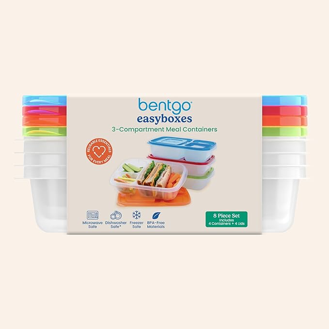 Bentgo Easyboxes - Original Stackable Lunch Boxes - Reusable 3-Compartment Food Containers for Kids and Adults - Bento Lunch Box for Meal Prep, School, & Work - BPA Free, Set of 4 (Classic)