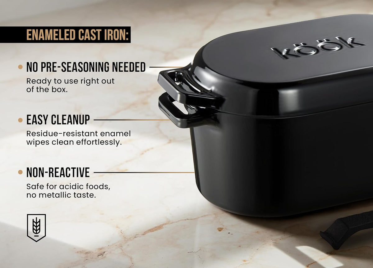 KooK Dutch Oven, Oven for Sourdough Bread Baking, with Lid, Dual Handles, Enameled Cast Iron, includes Lid Lever, Great for Baking Bread, Cooking and Roasting, Dishwasher Safe, 3.4 Qt, Black