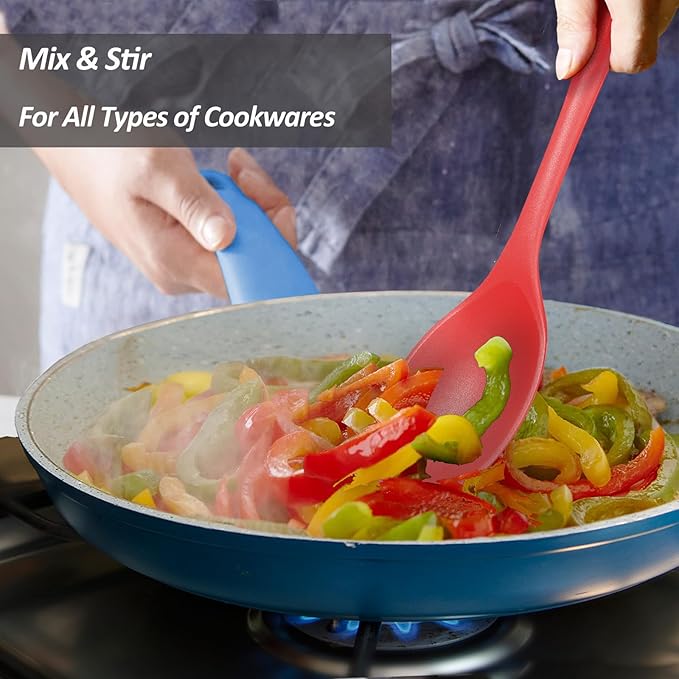 Silicone Spoons for Cooking - Extra Large Kitchen Spoons for Mixing, Serving, & Stirring - 600°F Heat-Resistant Non Stick Utensils Ladle & Skimmer- Dishwasher Safe, Red