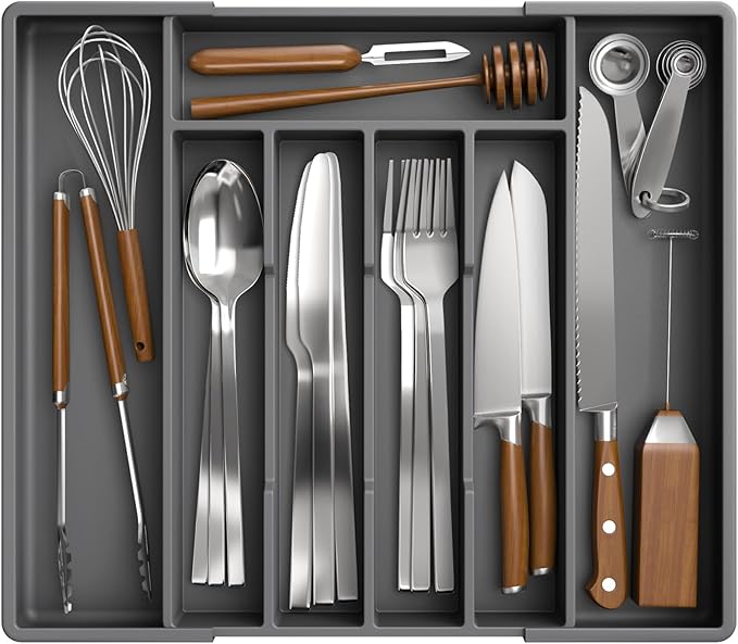 Kitsure Silverware Organizer for Drawers - Expandable Cutlery and Utensil Drawer Organizer with Easy Maintenance, Premium PP Kitchen Organizers and Storage for Flatware, Grey, 13.2" x 12.2" x 1.6"