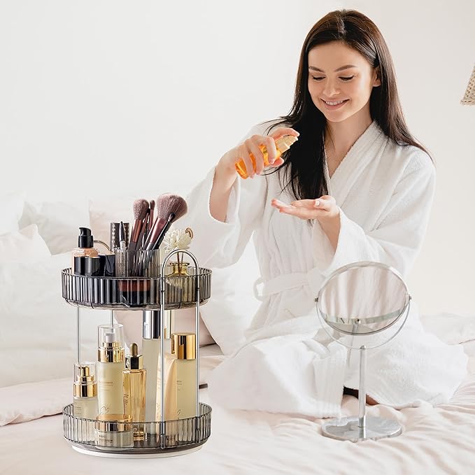 Aveniee 360° Rotating Makeup Organizer for Vanity, Upagraded Perfume Skincare Bathroom Counter Organizers with Brush Divider, Two Tier Spinning Lipstick Cosmetic Lotion Storage,Grey