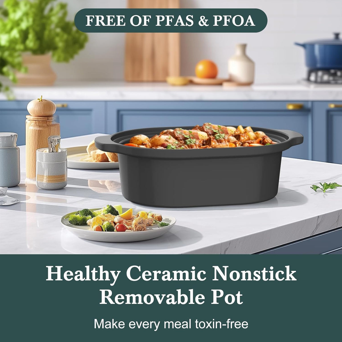 MAGNIFIQUE 6 Quart Programmable Slow Cooker Removable Healthy Nonstick Pot - Small Kitchen Appliance for Family Dinners - Serves 6+ People - Heat Settings: Keep Warm Oatmeal