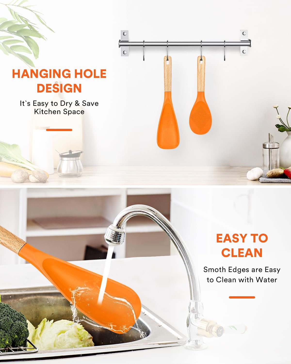 Cooking Spoon and Rice Scooper for Nonstick Cookwares, Great for Cooking and Serving Sturdy BPA-Free Matte Silicone, Wood Handle Spoon for Mixing, Scoop, and Scrape (ORANGE)