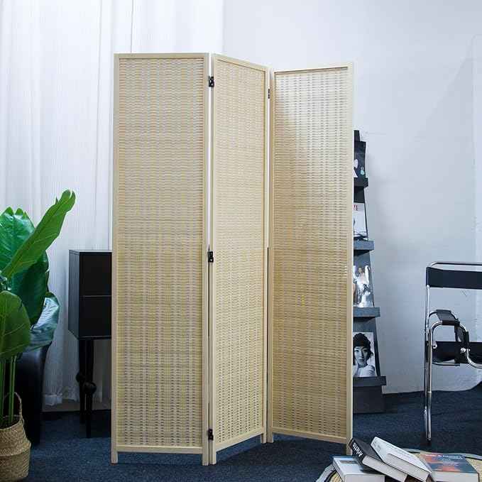 3 Panel Room Divider and Folding Panel Screen,Bamboo Panel Divider Screen for Room Separation,Beige,67" H x 46" W