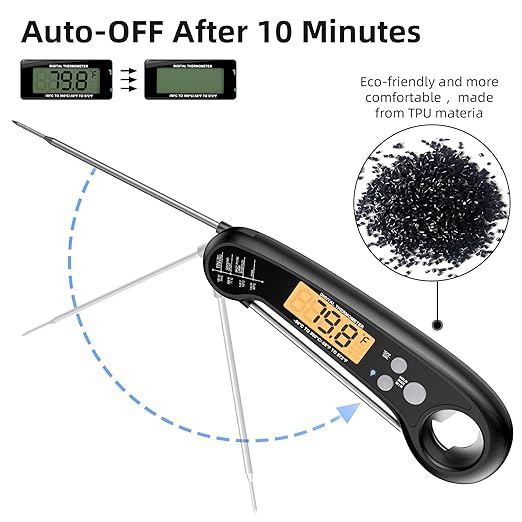 Instant Read Meat Thermometer for Grill and Cooking, Fast and Accurate Digital Food Thermometer with Backlit bi-fold Probe for Kitchen ovens, Frying, Candy, Steak (Black)