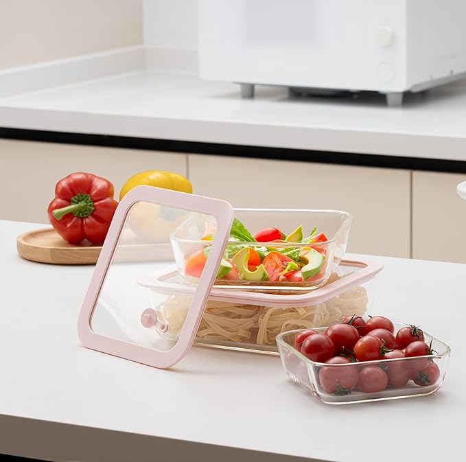 Urban Green Glass Food Container Set with Silicone Glass Lid, 3 Pack, Square Shape, Airtight, LeakProof, 100% Plastic Free, Meal Prep Food Storage Containers