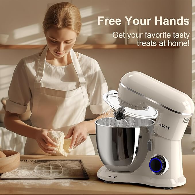 CEBORY 3-IN-1 Electric Stand Mixer, 6.5QT Bowl 660W 10-Speed Kitchen Mixer, Household Food Mixers include Dough Hook, Beater and Whisk, Bread Cake Mixer for Baking and Most Home Cooks, Almond Cream