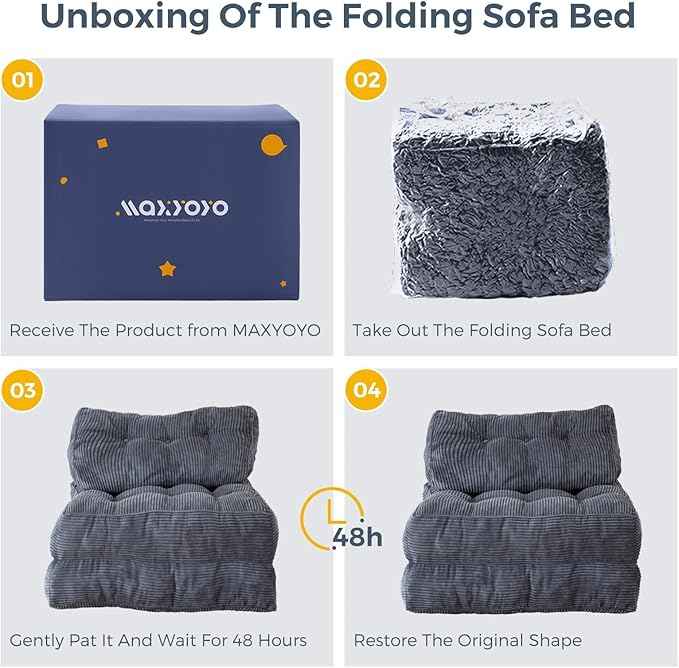 MAXYOYO Folding Sofa Bed, Convertible Sleeper Chair with Pillow Foldable Mattress with Back Support, Portable Fold Out Chair Bed Comfy Floor Sofa Lounge for Living Room Bedroom, Dark Grey, Single