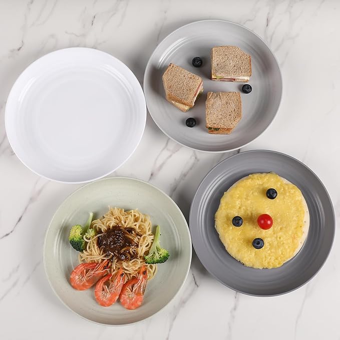 12 Pcs Unbreakable Deep Dinner Plates Set, 10 inch Reusable Plastic Wheat Straw Plates, Microwave and Dishwasher Safe Plate for Kitchen, Lightweight Plate for Dessert, BPA Free, 4 Colors