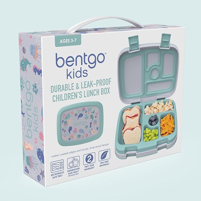 Bentgo Kids Prints Leak-Proof, 5-Compartment Bento-Style Kids Lunch Box - Ideal Portion Sizes for Ages 3-7, Durable, Drop-Proof, Dishwasher Safe, & PFAS & BPA-Free Materials (Sea Life)