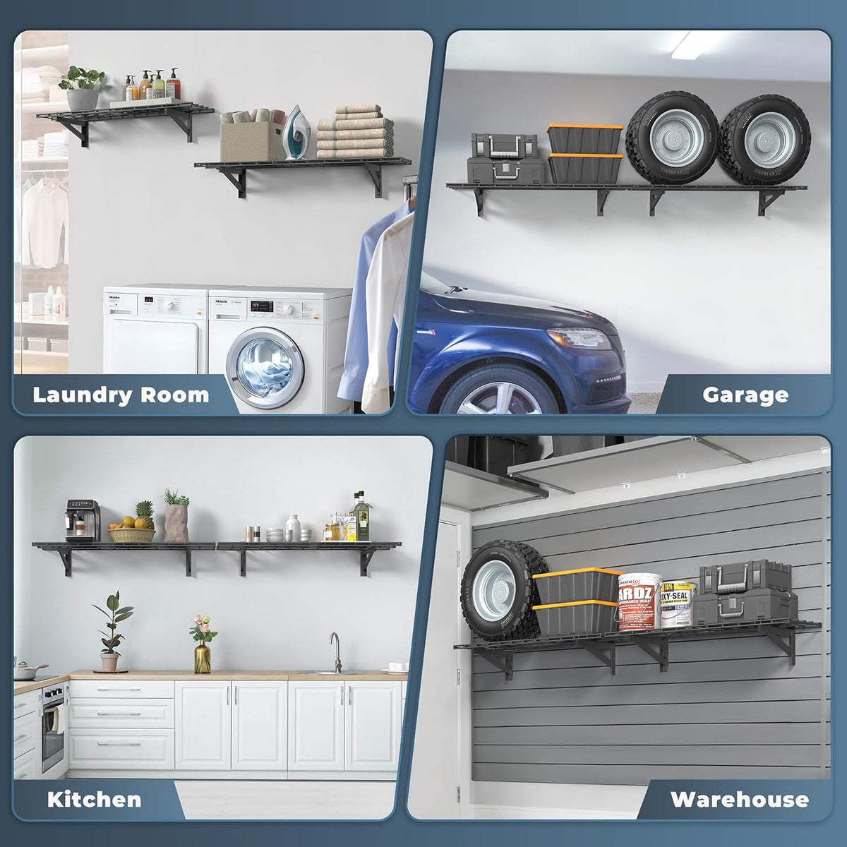 2 Pack Heavy Duty Garage Wall Shelving Set (1x4ft), Wall Mounted Garage Shelves 500lbs Capacity, 12"x48" Shelf Storage Rack Floating Shelves, Black