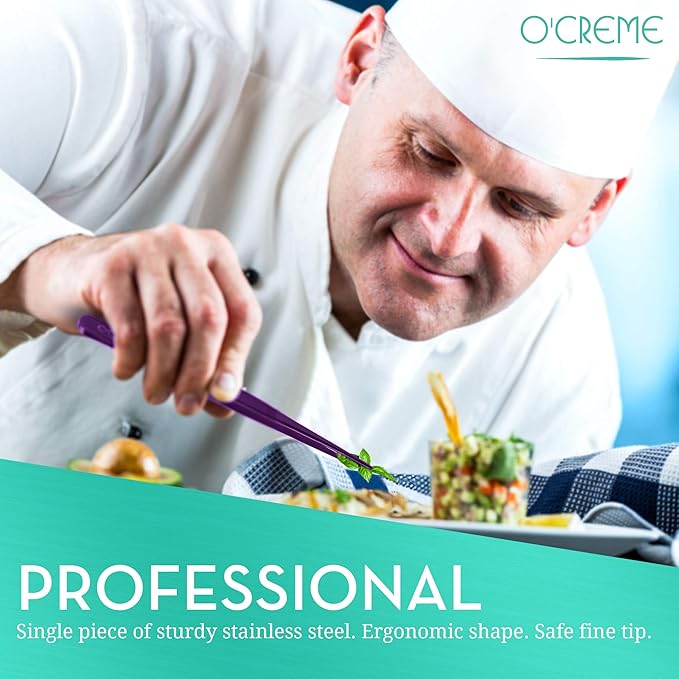 O'Creme Purple Stainless Steel Precision Kitchen Culinary Fine-Tip Tweezer Tongs, 1 Curved and 1 Straight