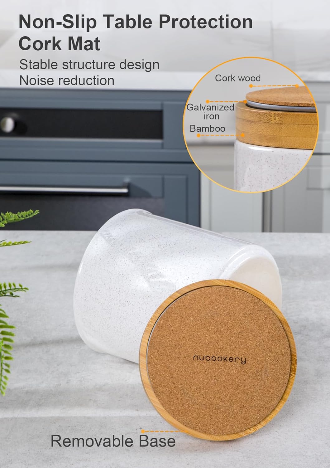 Nucookery 360°Rotating Utensil Holder, 7.2" Large Utensil Crock, Ceramic Cooking Utensil Organizer with Countertop-Protection Cork Bottom for Farmhouse Kitchen Decor Christmas Thanksgiving Gift (Sand)