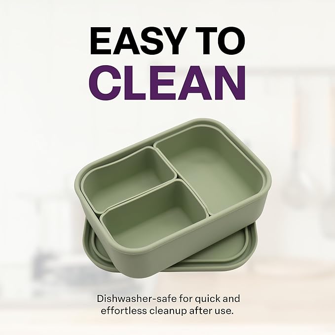 Silicone Bento Box, 3 Removable Compartments, BPA-Free, Leak-Resistant, Dishwasher and Microwave Safe, Perfect for Work, Travel & Meal Prep, (Green)