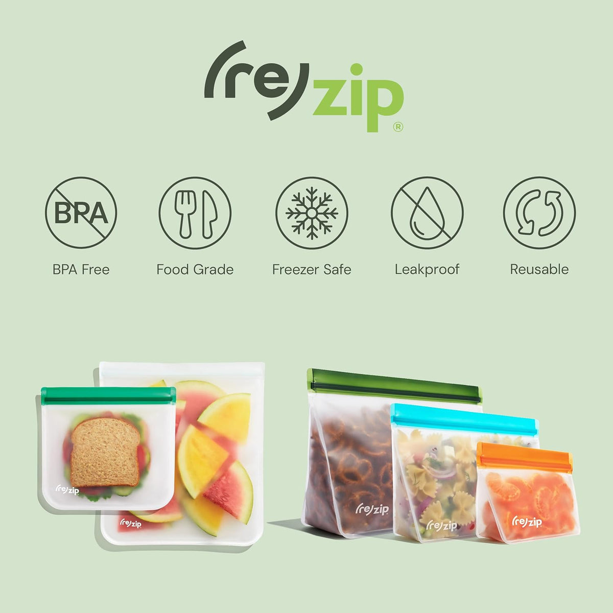 (re) zip 8-Piece Deluxe Bundle Reusable Storage Bags | BPA-Free, Food Grade, Leakproof, Freezer and Dishwasher Safe (Green, Aqua)
