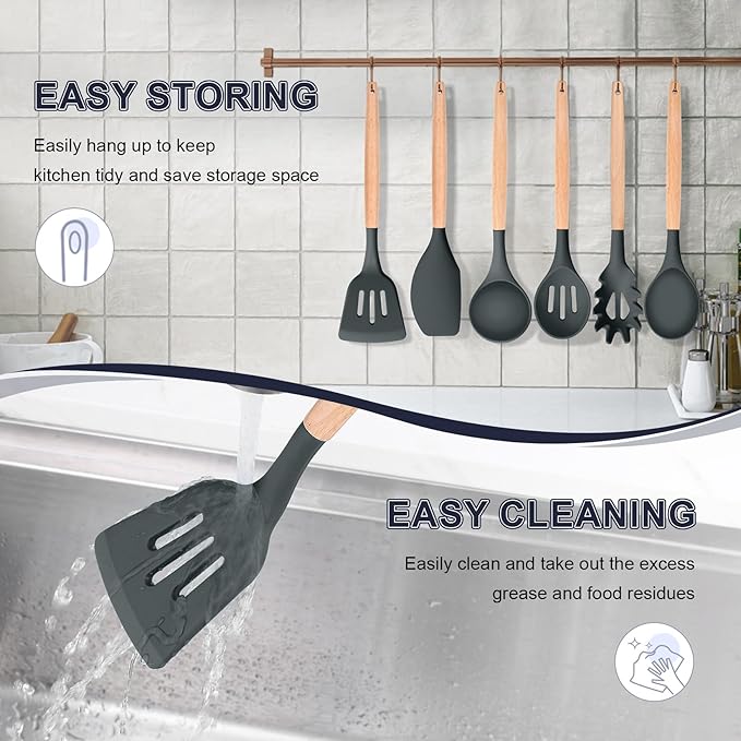 P&P CHEF Cooking Utensils Set, 6 PCS Kitchen Utensils with Wooden Handle, Silicone Spatula for Nonstick Cookware, Easy Clean & Non-toxic, Gray