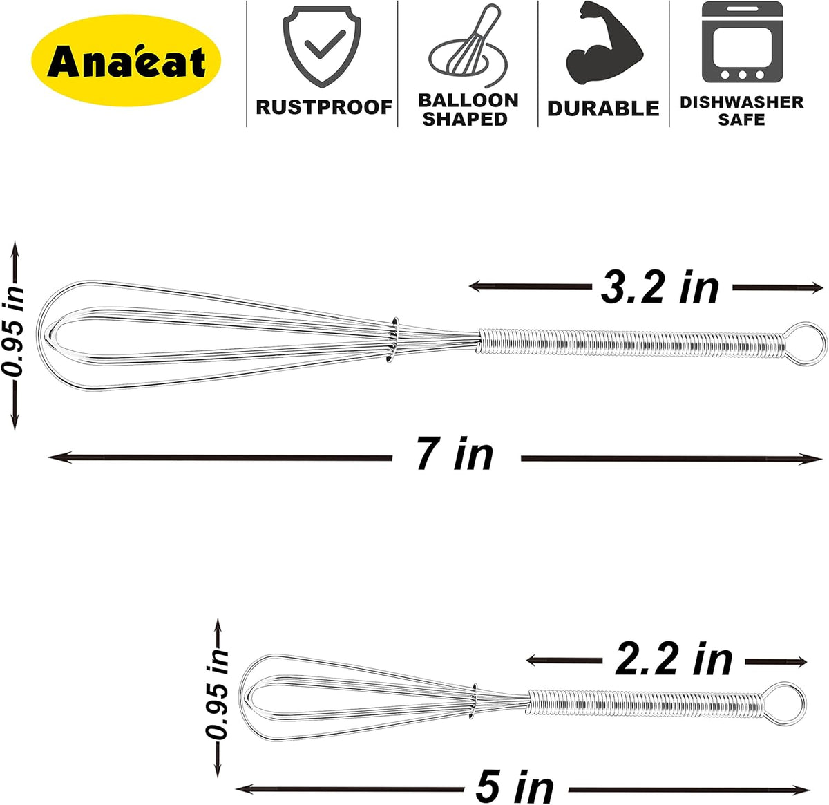 Anaeat Mini Wire Whisks, Set of 4 Portable Stainless Steel Kitchen Tiny Whisk & Egg Beater with Thick Wire - Sturdy Small Mixing Balloon for Cooking, Blending, Whiping, Beating and Stirring (5" + 7")