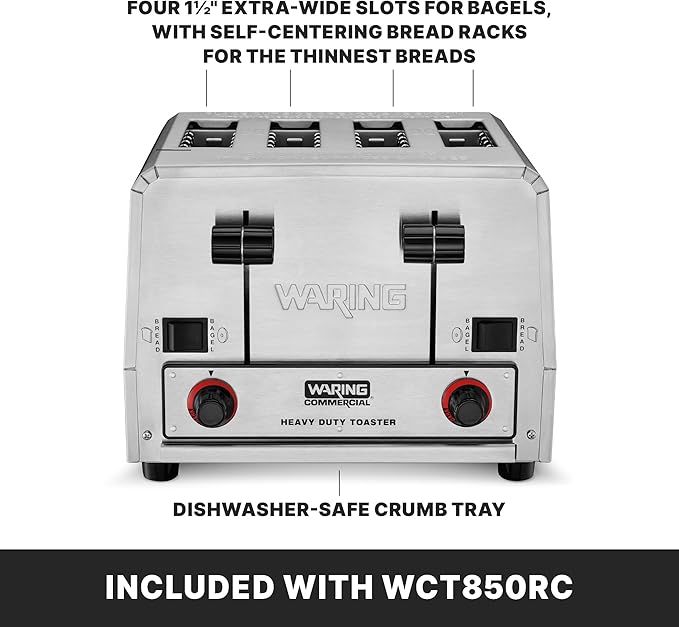 Waring Commercial WCT850RC 4-Slice Heavy Duty Commercial Pop-Up Bread/Bagel Toaster, 120V, 1800W, 5-15 Phase Plug