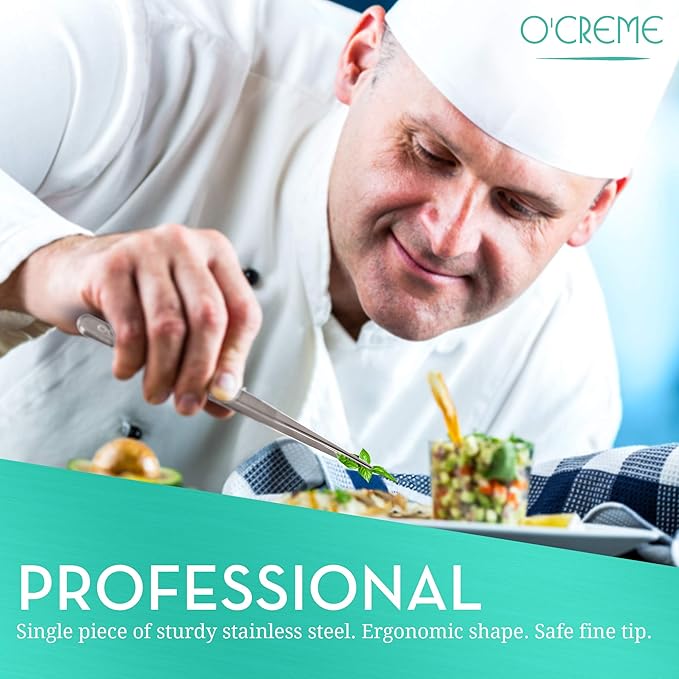 O'Creme Stainless Steel Precision Kitchen Culinary Fine-Tip Tweezer Tongs, 1 Curved and 1 Straight